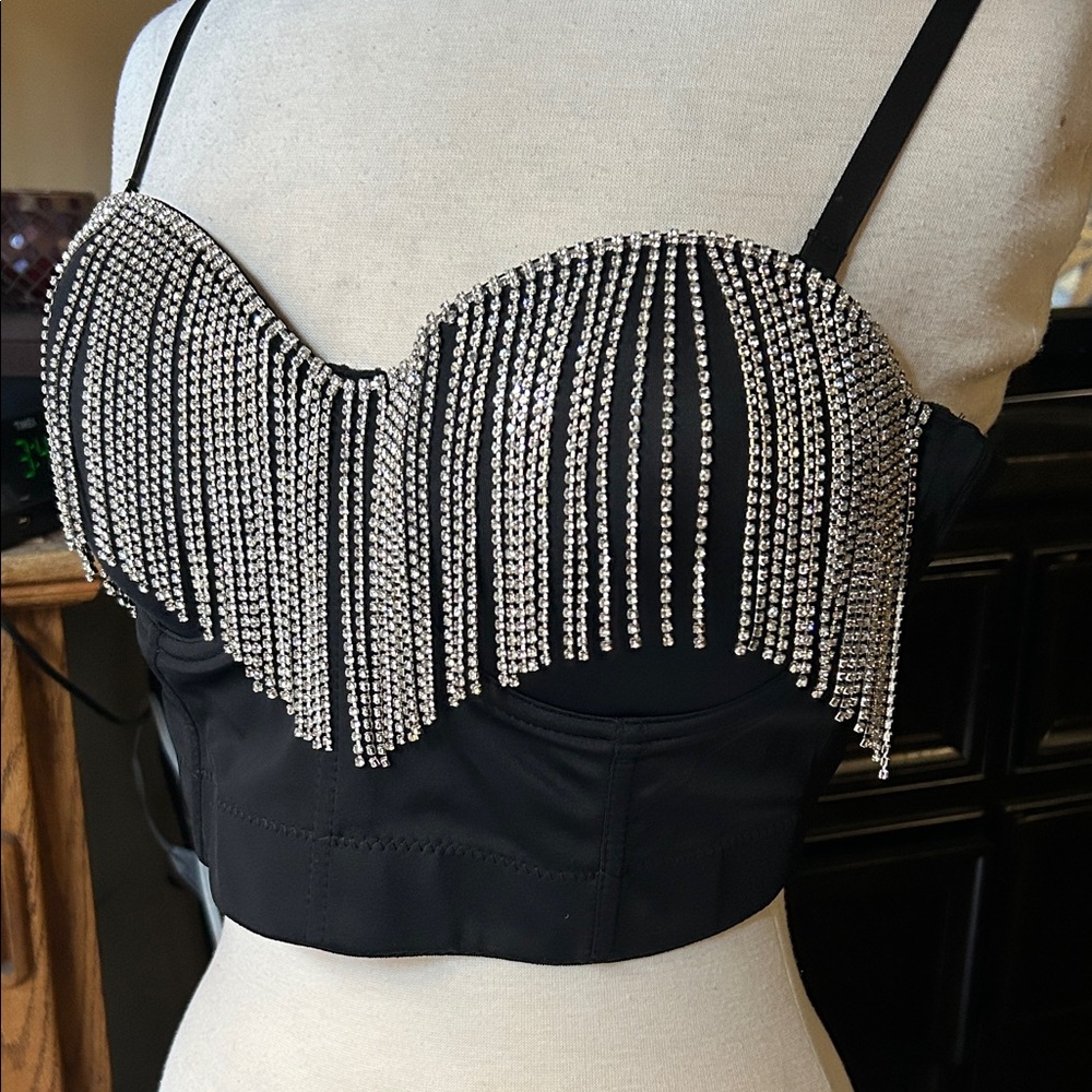 Black Rhinestone Embellished Bustier Top